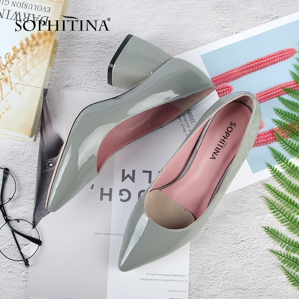 SOPHITINA/Новинка г.; Лидер продаж; Всесезонные туфли-лодочки из натуральной кожи с острым носком на толстом каблуке; Обувь на каблуках-трапециях; Офисные женские однотонные туфли-лодочки; Обтянутый каблук W16