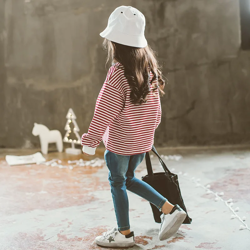 Zingirl New Fashion Brief Striped Girls T-Shirts Casual Loose Hole Patchwork Children's Clothing Soft Breathable O-Neck Tops Tee | Детская