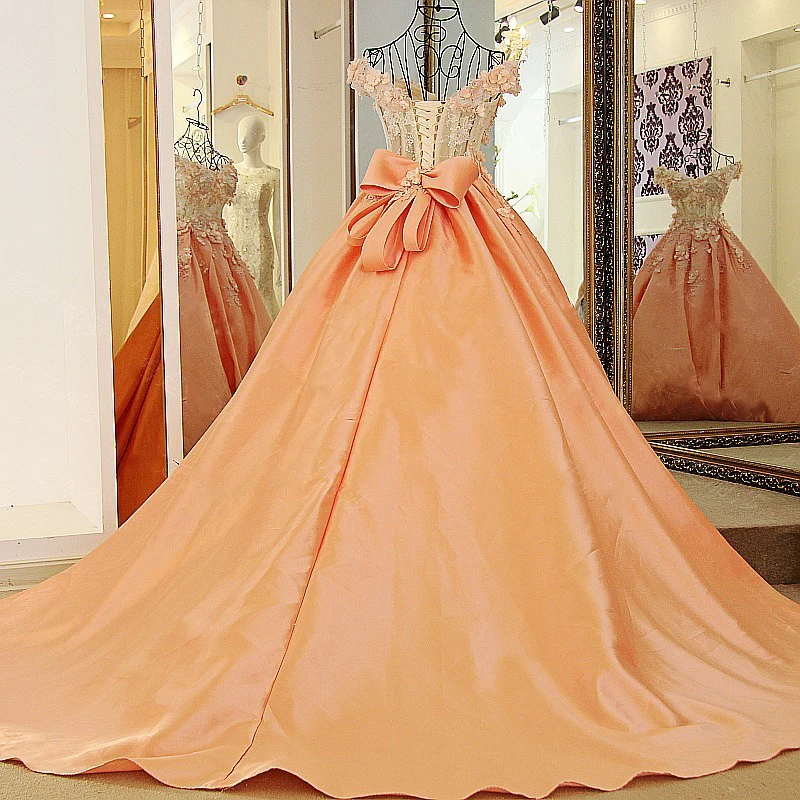 Длинное вечернее платье LS60080 оранжевое и цвета слоновой кости длинное с плеча