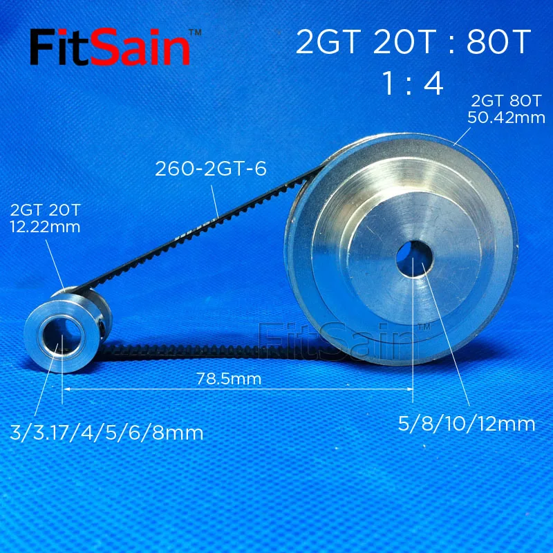 

FitSain-2GT 20T:80T 1:4 Width 6mm aluminum alloy pulley reduction ratio drive synchronous wheel center hole 3.175/4/5/6/6.35/8