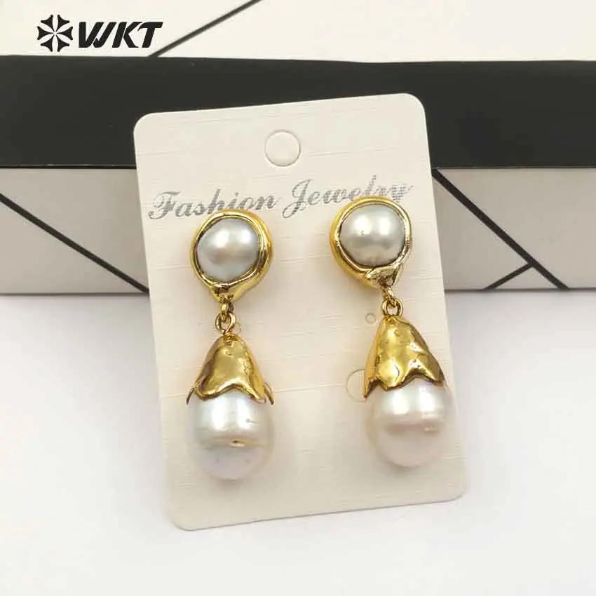 WT-E470 New arrival Beautiful Water drop Special Design Classic Natural baroque pearl Earring with full gold For women jewelry | Украшения