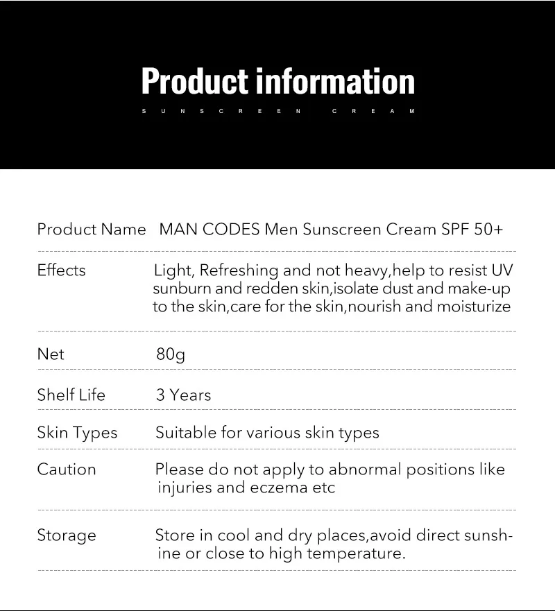 Mancodes 80g мужские солнцезащитный крем для лица крем SPF50+ изоляция УФ-защитой от солнечных лучей, тело солнцезащитный крем отбеливающий консилер крем от солнца