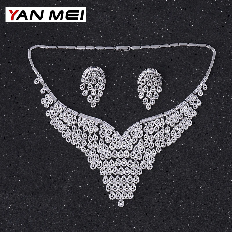 

YAN MEI Women Clear Stone Exquisite Charm Geometric Waterdrop Cubic Zirconia Jewelry Sets Engagement Gift GLN0341