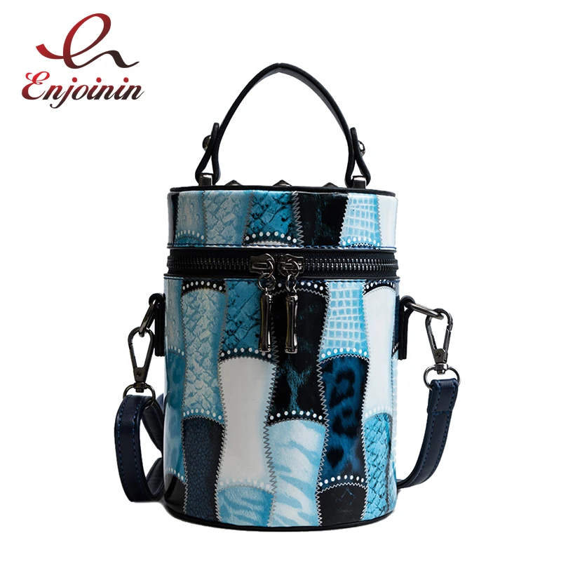 

New Design Fashion Stitching Pattern Pu Leather Rivet Bucket Shape Women Handbag Shoulder Bag Female Bolsa Mini Messenger Bag