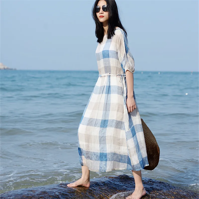 SCUWLINEN 2019 женское летнее платье классическое в клетку на завязках с коротким