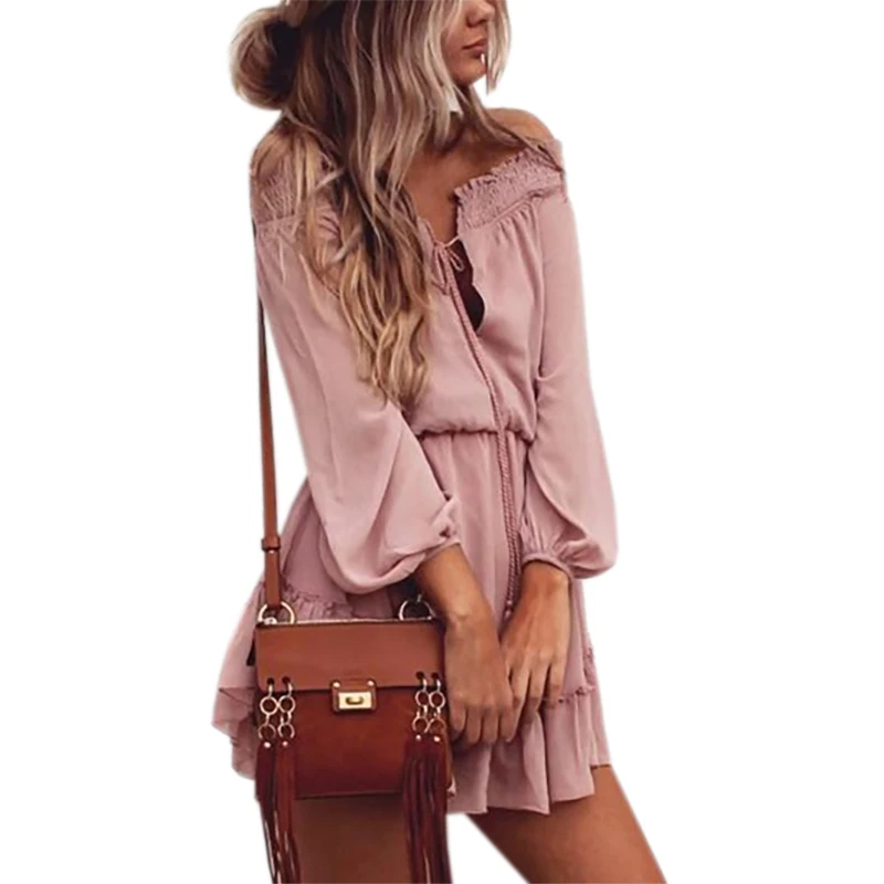 2018 Новый Boho Шифоновые Платья Slash шеи летнее пляжное платье длинные Фонари рукавом