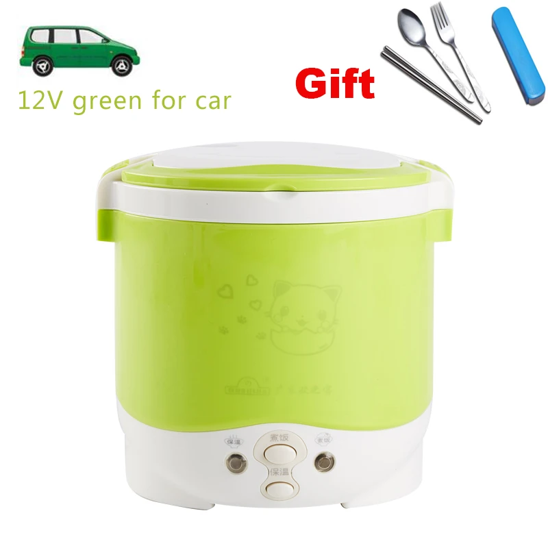 12V green for car 1L Портативный Пособия по кулинарии горшок в домашних условиях 220 В/24 В/12 VTruck автомобиль электрический мини риса Плита многофункциональная электрическая Коробки для обедов для двух человек - Цвет: 12V green for car