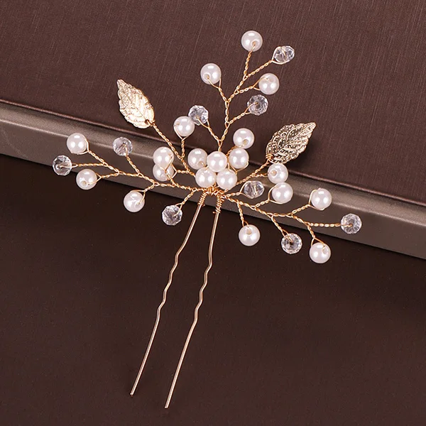 UZ066 Gold Pearl Tiara Hairpin Clip Crystal Rhinestone Hair Jewelry For Women Flower Handmade Headband Wedding Bridal Hair Accessories - Окраска металла: UZ066