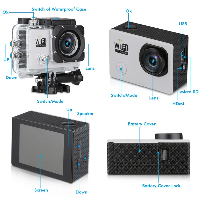 4 К 1080 P/30fps мини шлем Cam Wi Fi 2 0 &quot170D Водонепроницаемый Спорт Камера видеокамера Pro