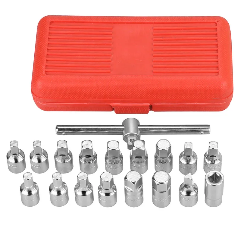 

MR CARTOOL 18 PCS Oil Drain Pipe Plug Socket Set Screws Removal Tool Triangle Square Hexagon T-bar Remover Sleeve Special Tools