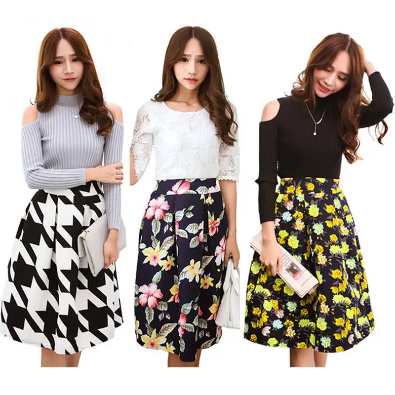 2016 Осенние Юбки Женщин Старинные Цветочный Принт Высокая Талия Бальное платье