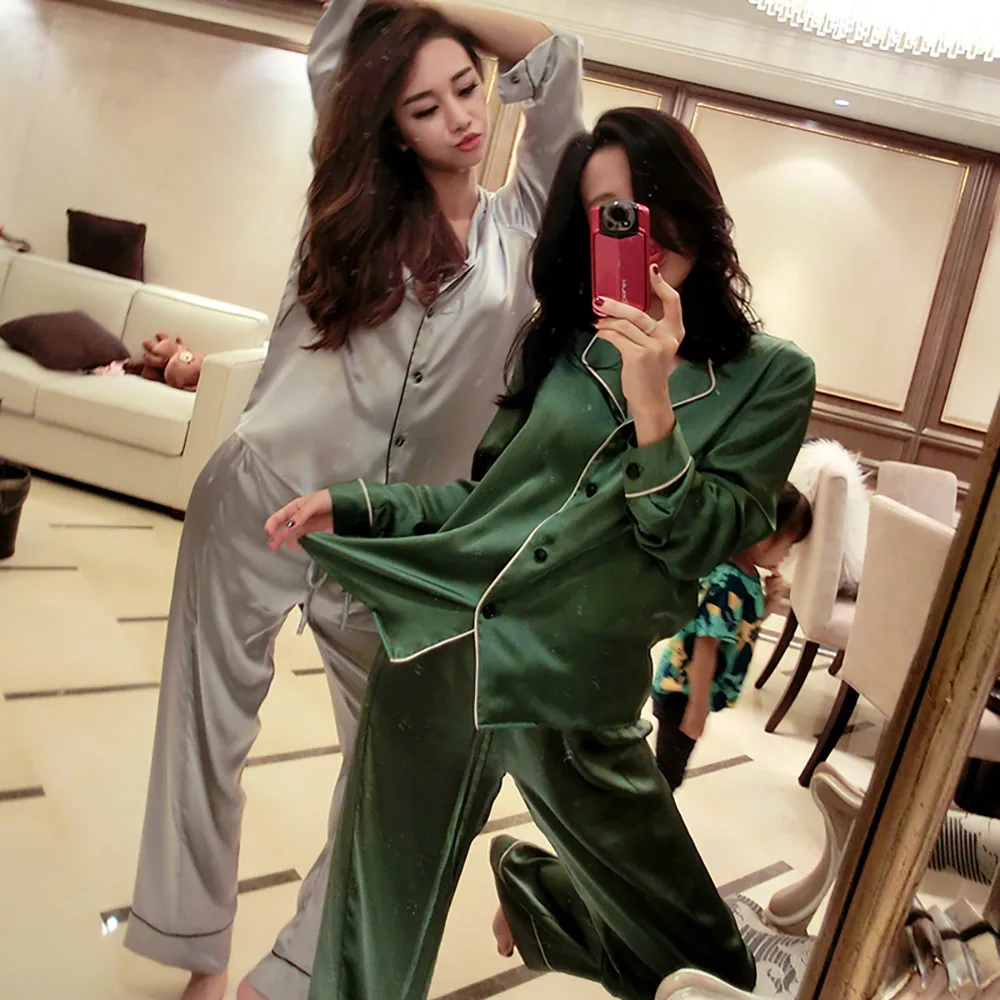 Ensemble pyjama en satin de soie pour femmes pyjama Para manches longues costume de nuit dormir deux pieuces, plus la taille