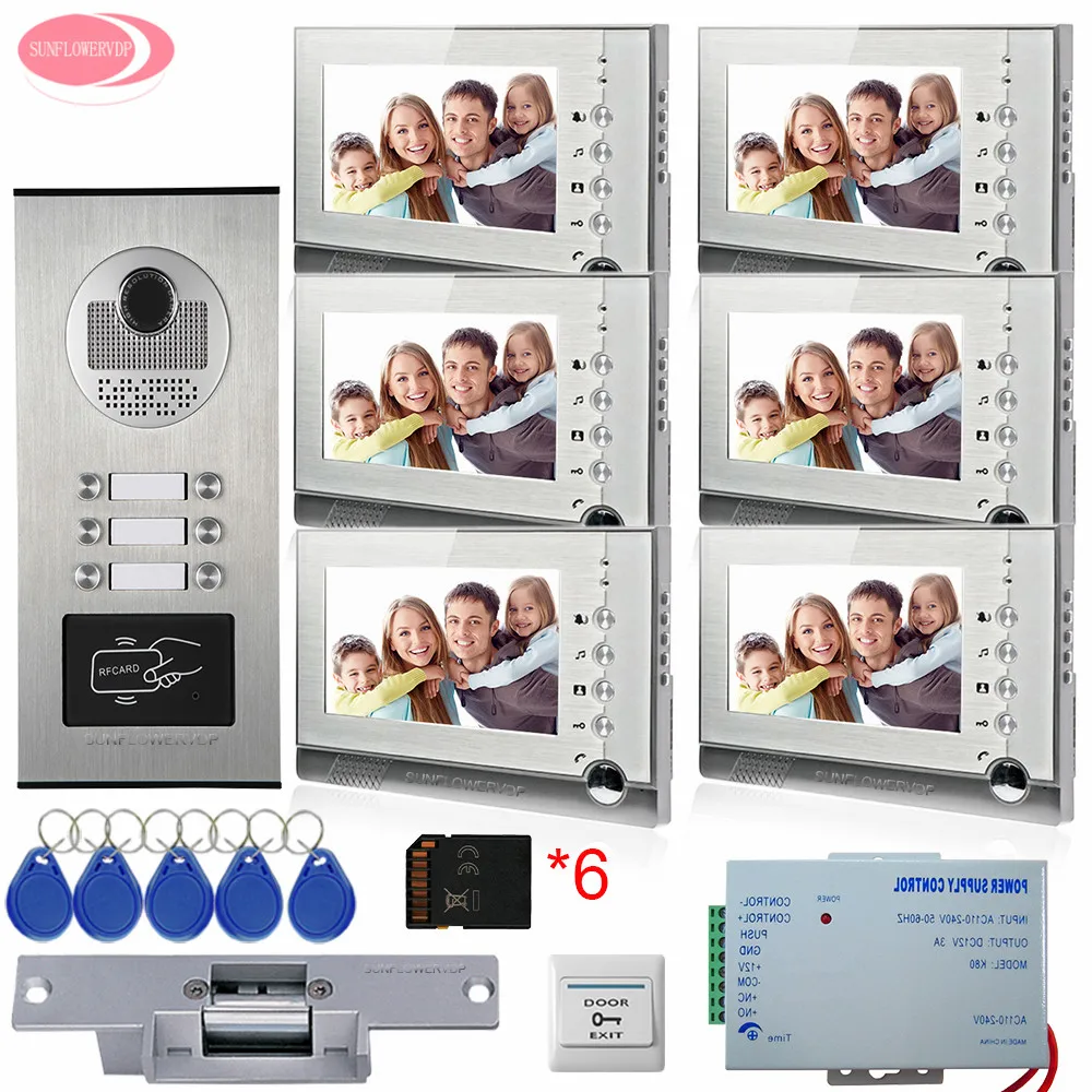 

For 6 apartments Video Intercom With Video Recording Free 8 GB SD Cards+5 Keys RFID Access Door Camera With Electric Strike Lock