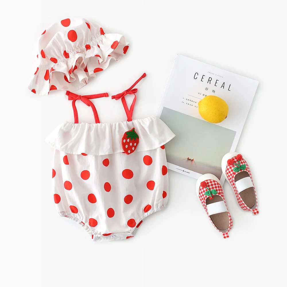 

Great quality vest polka dots cute boutique baby jumpsuite toddler girl romper with cap