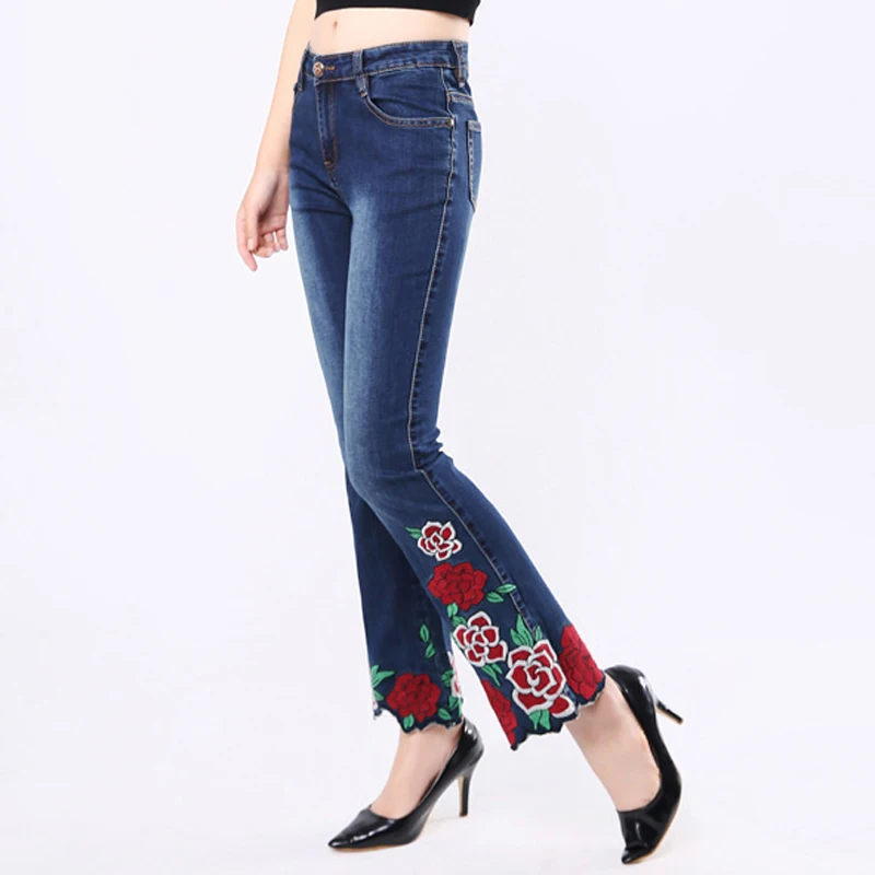 FERZIGE бренда Slim Fit Брюки для девочек Женский класса люкс с вышитыми цветами джинсы