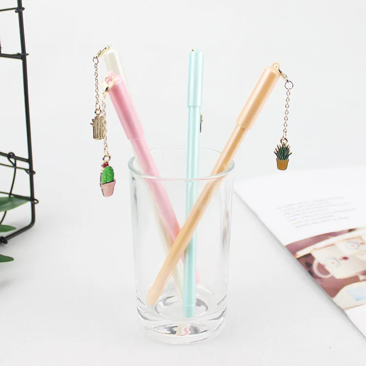 4 pcs/lot Colorful Metal Cactus Pendant Gel Pen Signature Pen Escolar Papelaria School Office Supply Promotional Gift