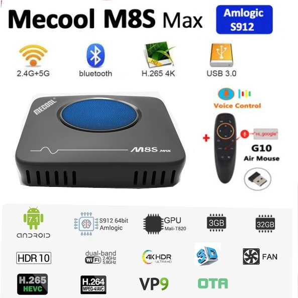 M8S Max tv Box Amlogic S912 3 ГБ ОЗУ 32 Гб ПЗУ 5G wifi bluetooth 4,0 Android 4 K VP9 H.265 ТВ-бокс с пультом дистанционного управления - Цвет: M8S MAX With G10