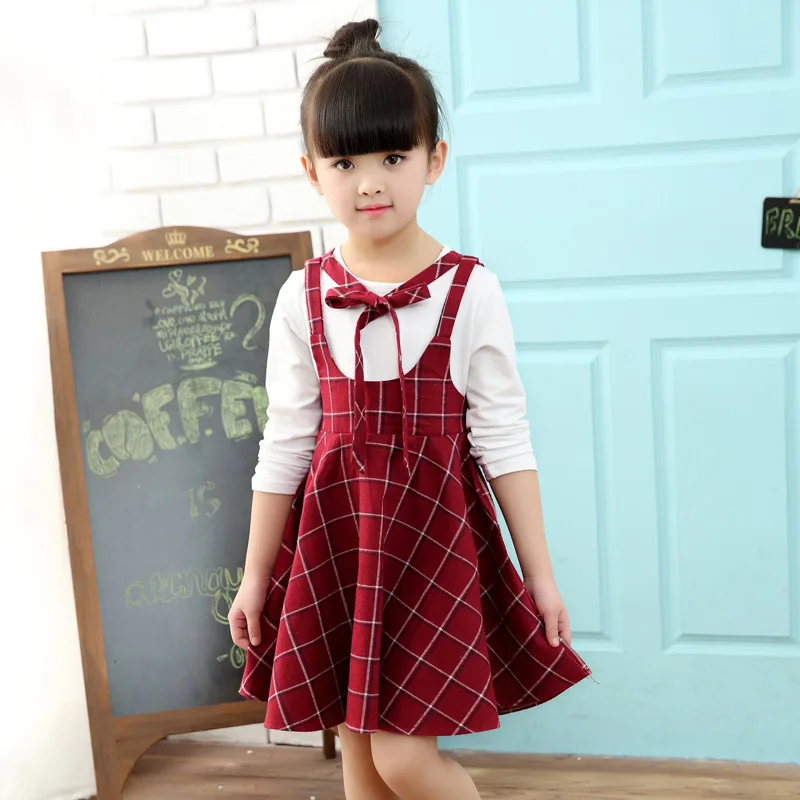2017 Autumn Girls Dress With Long Sleeves Blue Red Plaid Kids School Uniform Clothes For Teenager 5 6 7 8 9 10 11 12 Years | Детская