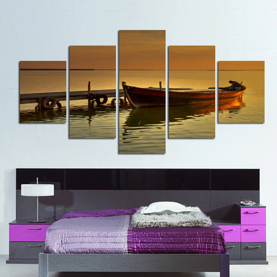 

New Limited Modern Fashion 5 Panels Canvas Art Boat River Painting Unframed Hd Prints Wall Picture For Living Room