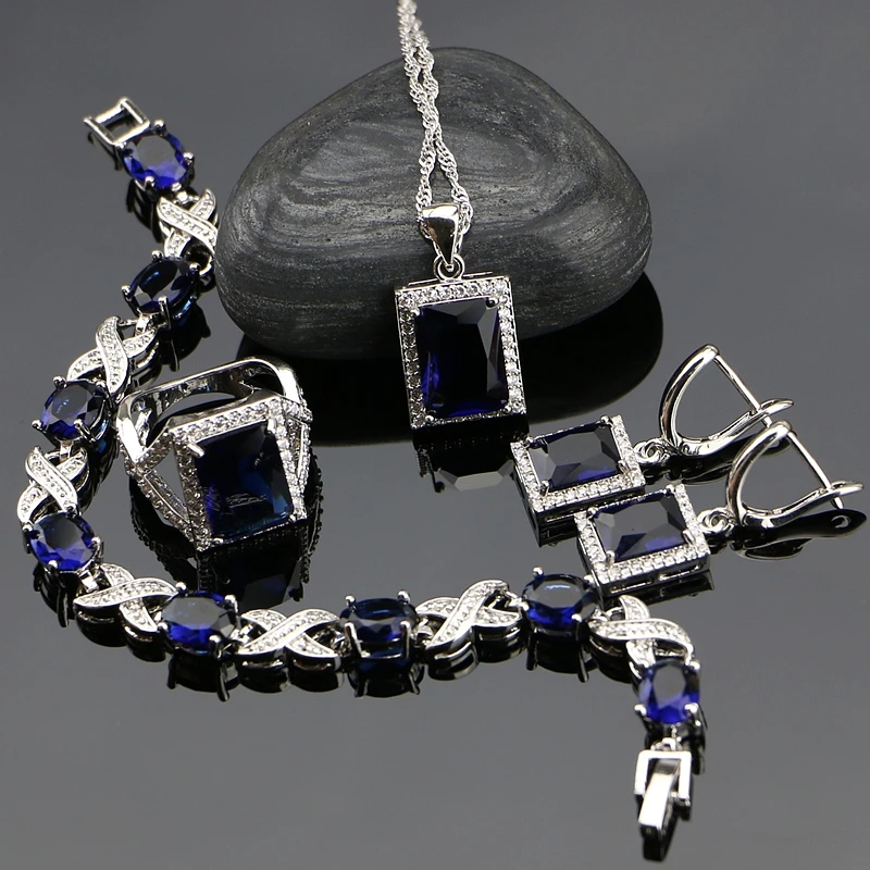 

Blue Cubic Zirconia 925 Sterling Silver Jewelry Sets For Women Russian Wedding Earrings/Rings/Bracelet/Pendant/Necklace Set