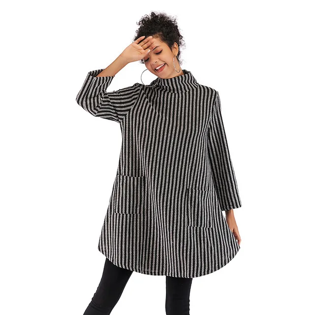 

4 Colors Available Autumn Winter Women Pullovers and Sweaters Knitting Vertical Striped Turtleneck Double Pockets Woman Clothes
