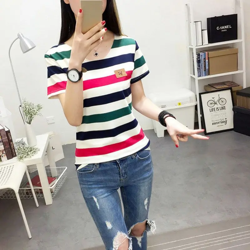 

Women's Striped Print Short Sleeve Female Casual T-Shirt Girl Shirts New Arrival