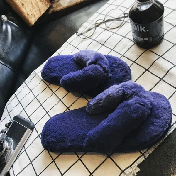 Blue Shoes Зимние тапочки; женские Вьетнамки; домашние тапочки; теплые слипоны; женская повседневная обувь на плоской подошве; меховые женские шлепанцы; домашние тапочки размера плюс - Цвет: Blue Shoes