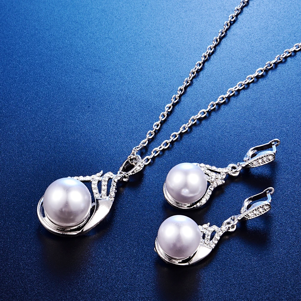 Fashion Bridal Pearl Jewelry Sets For Women Silver Color Full Rhinestone Crystal Water Drop Pendant Necklace Earrings Ring Set | Украшения