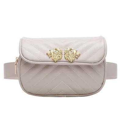 Beige Голова льва талии сумка Для женщин Fanny Pack Пояс сумка стеганая из искусственной кожи Сумка груди бархат Повседневное телефон Сумочка - Цвет: Beige