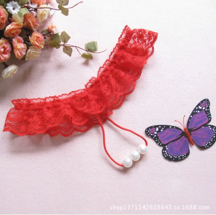 red Sexy Women Pearl Panties Lace Crotchless Exotic Apparel Plus Size Thongs Fashion G-String 30 - Цвет: red