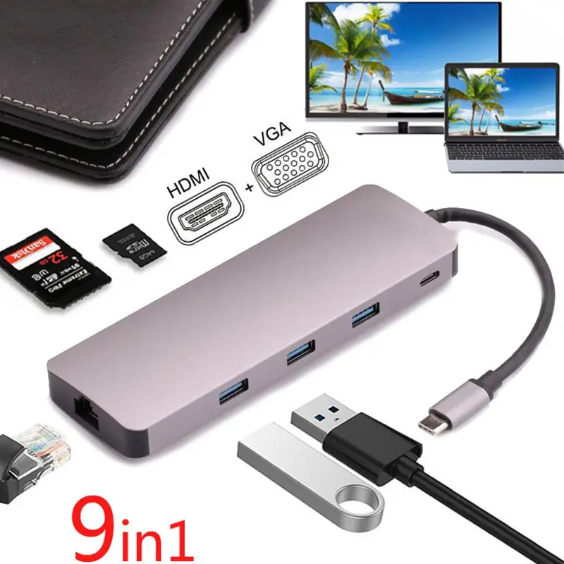 9 в 1 Тип C для доставки питания 4 K видео Hdmi TV VGA 1000 Мбит/с гигабитный кабель Ethernet LAN