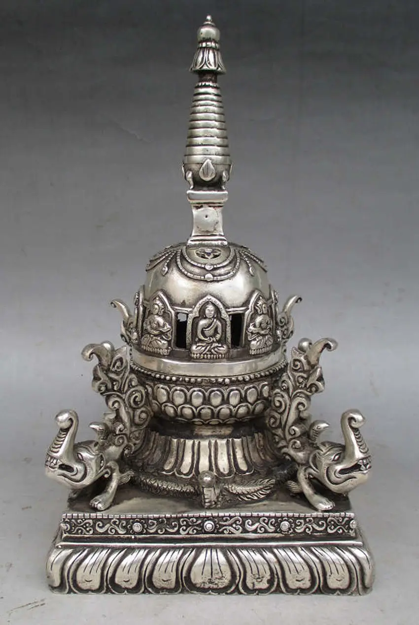 Старая тибетская Серебряная Будда слон пагода статуя ступы| |