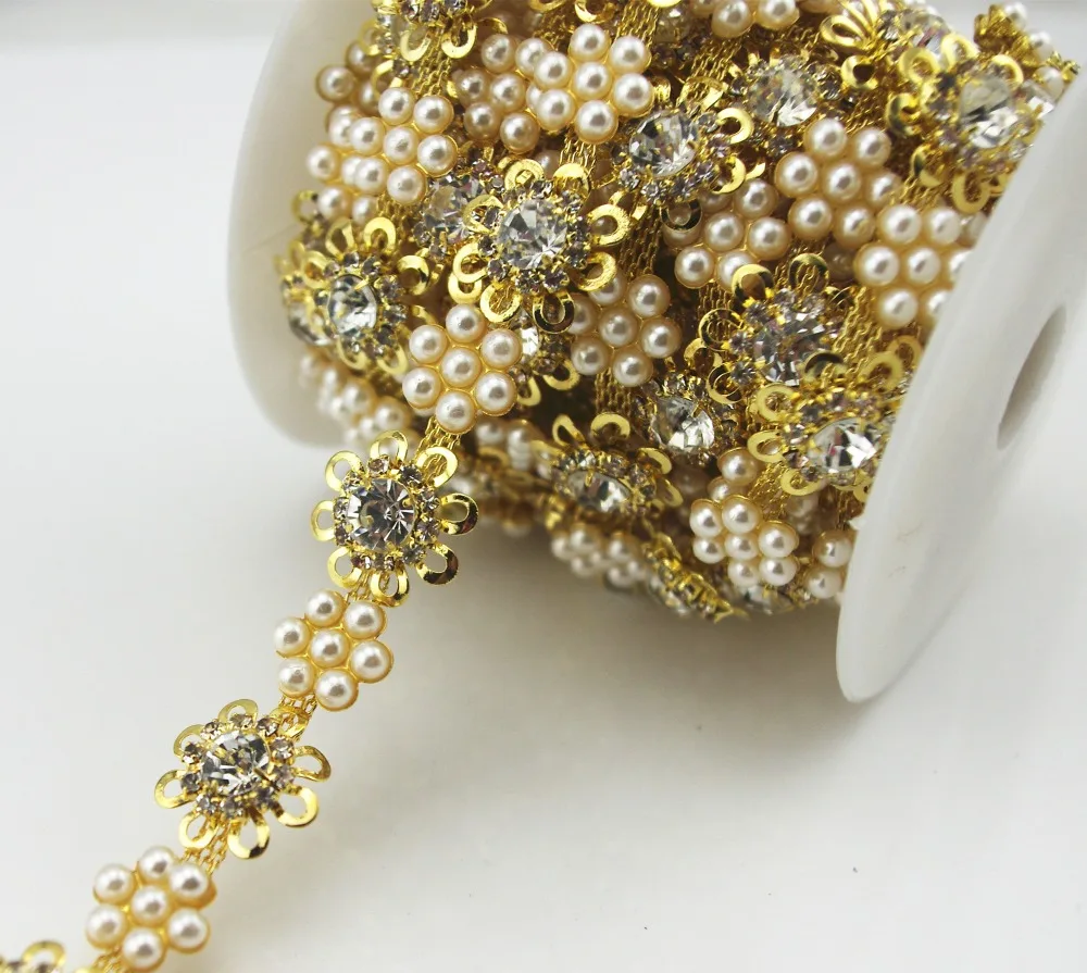 

Crystal Rhinestone Pearl Sunflower Gold Chain Sewing Trims Decoration lz130