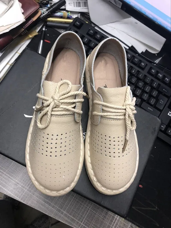 Beige HUIFENGAZURRCS-новая обувь из натуральной кожи, балетки на плоской подошве ручной работы, художественная обувь в стиле ретро «MORI GIRL», Простые белые туфли, все цвета - Цвет: Beige