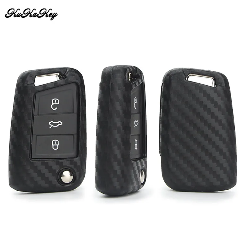 KUKAKEY углеродное волокно силиконовый чехол для ключей от машины VW Golf Seat Ibiza Passat B8 B7