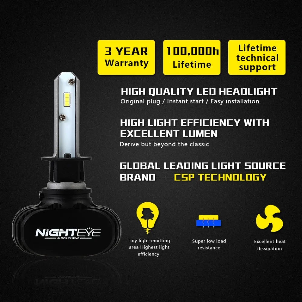 Nighteye 8000лм H1 авто комплект автомобильных светодиодных фар для вождения автомобиля противотуманные фары замена лампы Белый 6500K