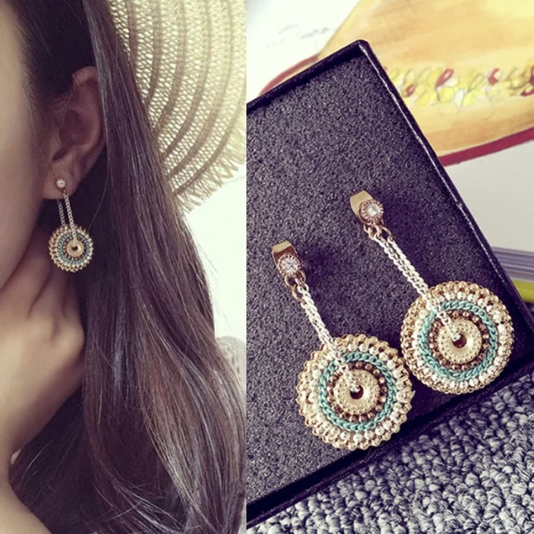 Богемные круглые серьги ручной работы с цветами и цепочкой подвески Этнические