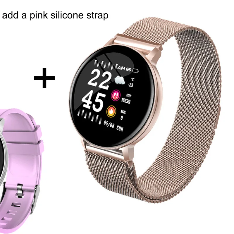 Gold steel pink Alloy Smart Watch Men Women Heart Rate Monitor Fitness Tracker Smartwatch Waterproof Bluetooth Sport Watches For Android IOS - Цвет: Gold steel pink