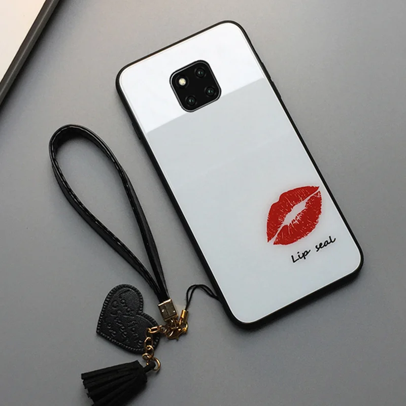BONVAN для huawei mate 20 Pro mate 20 чехол из закаленного стекла с принтом губ жесткий чехол для huawei mate 20 lite с кисточкой ремешок чехол для телефона - Цвет: WHITE