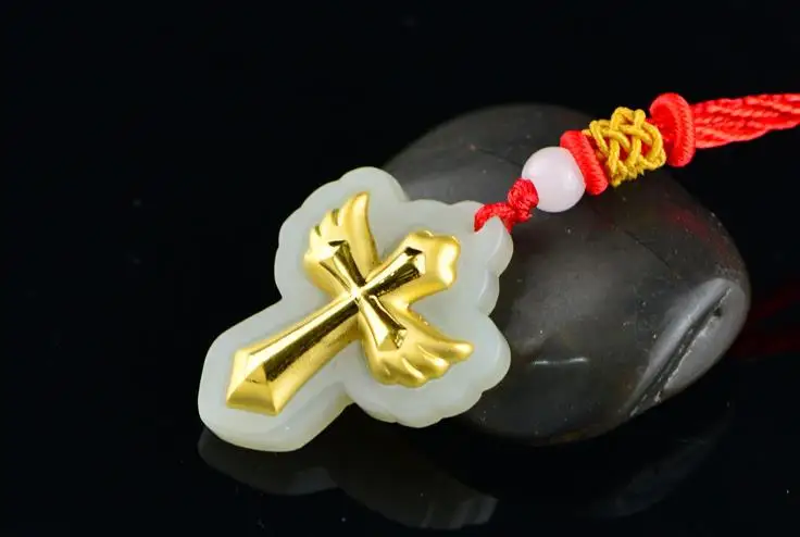 3D gold inlaid natural hetian jade cross pendant H99# | Украшения и аксессуары