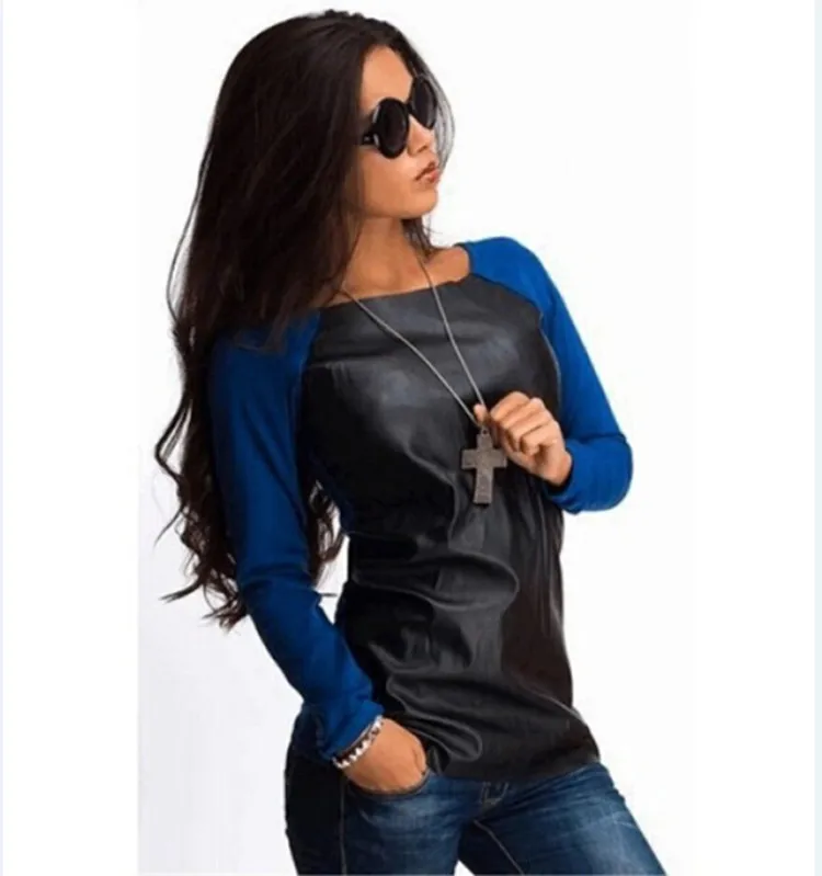 New Women Casual Basic Autumn Winter PU T-shirt Top Shirt Tee patchwork blusas Full Sleeve Plus Size | Женская одежда
