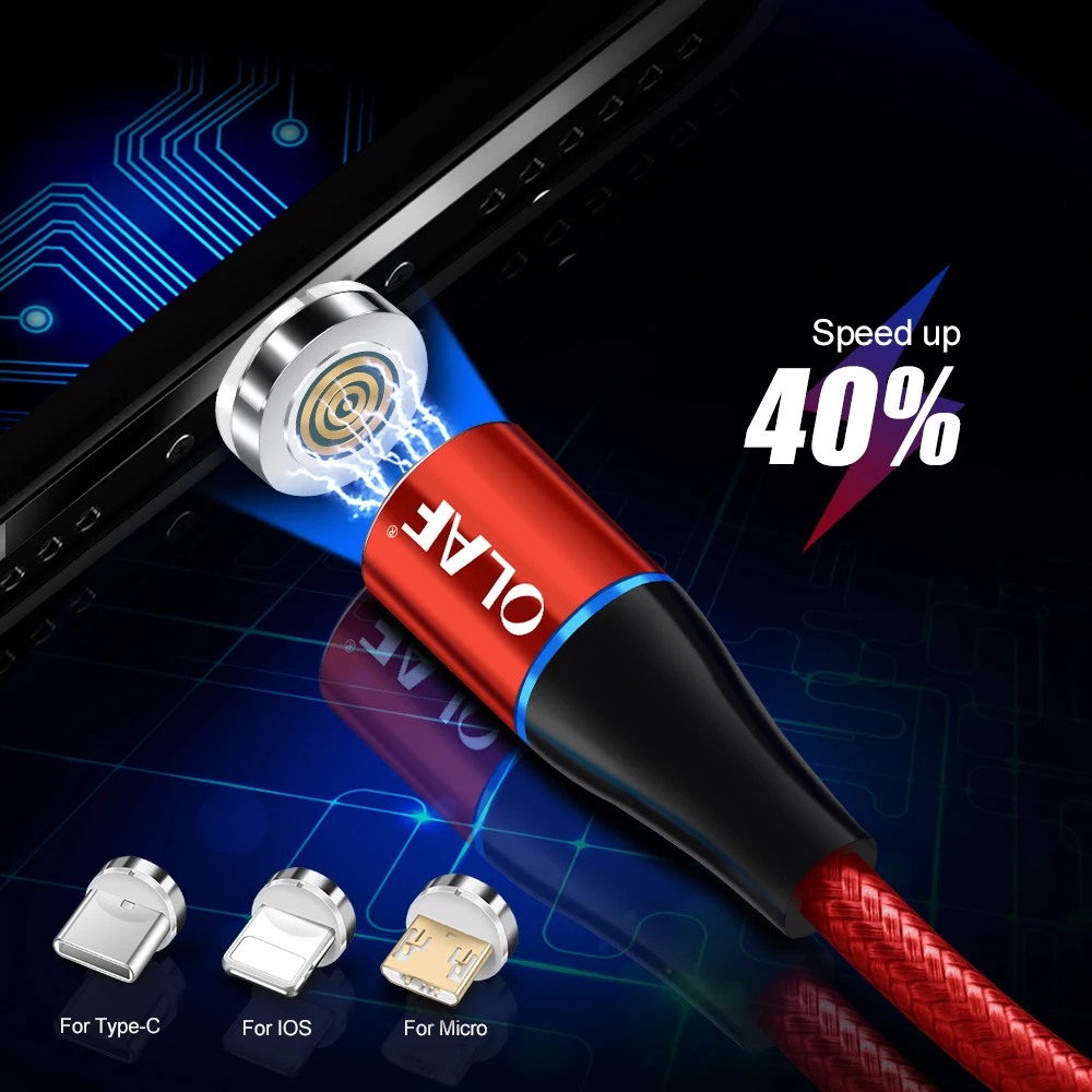 Светодиодный магнитный кабель OLAF 3A для iPhone Samsung Huawei Xiaomi Micro usb Тип c Быстрая зарядка