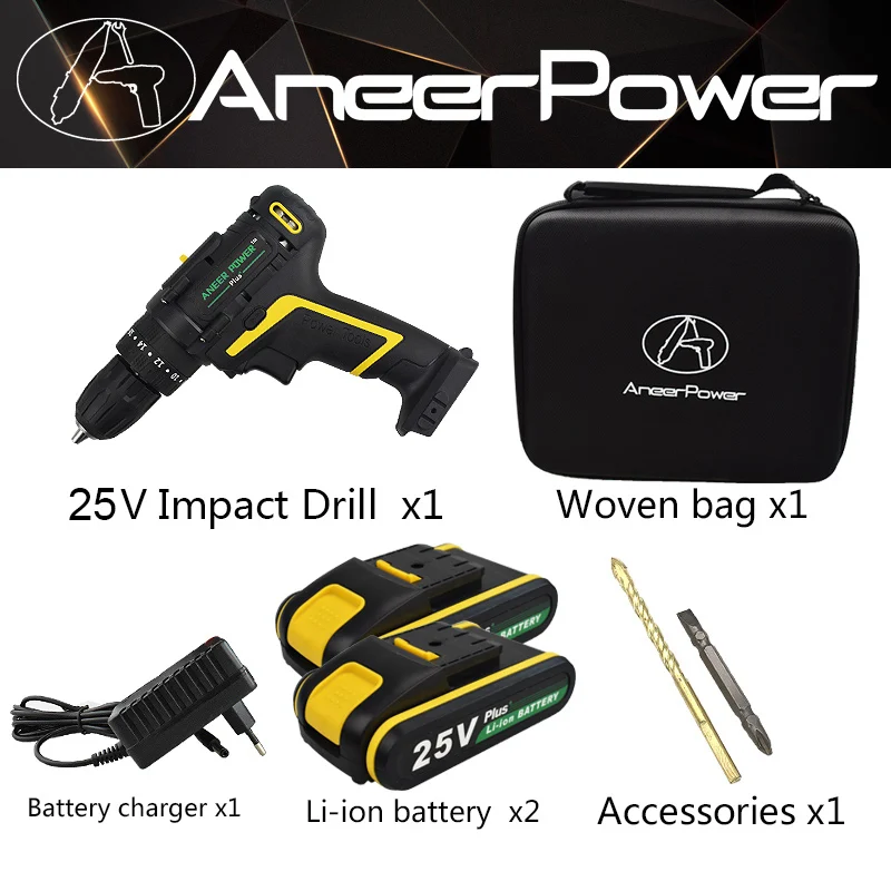 two battery 25 в плюс Ударная дрель, шуруповерт, электроинструменты, ручной инструмент, дрель, Аккумуляторная дрель, набор скоростей, роторный инструмент, батарея, бит - Цвет: two battery