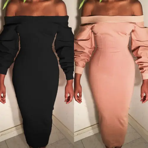 Женское платье с открытыми плечами длинным рукавом и вырезом лодочкой|sleeve dress|pencil