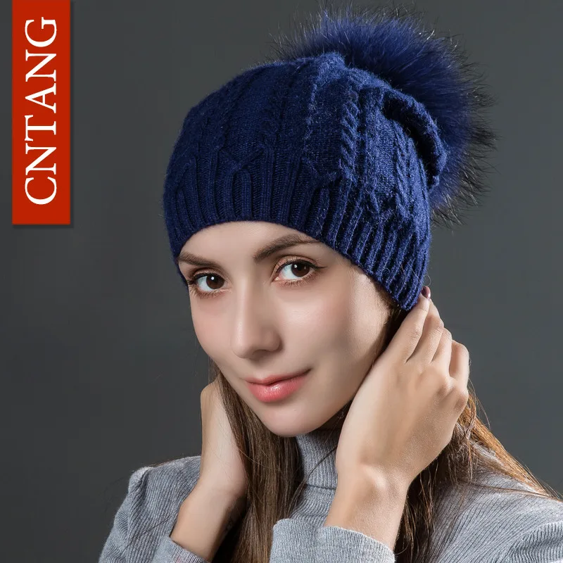 Navy Navy Pompom CNTANG осенне-зимние женские вязаные шапки с кроличьим мехом, модные теплые шапки с помпоном из натурального меха, женская шапка, шапочки - Цвет: Navy Navy Pompom