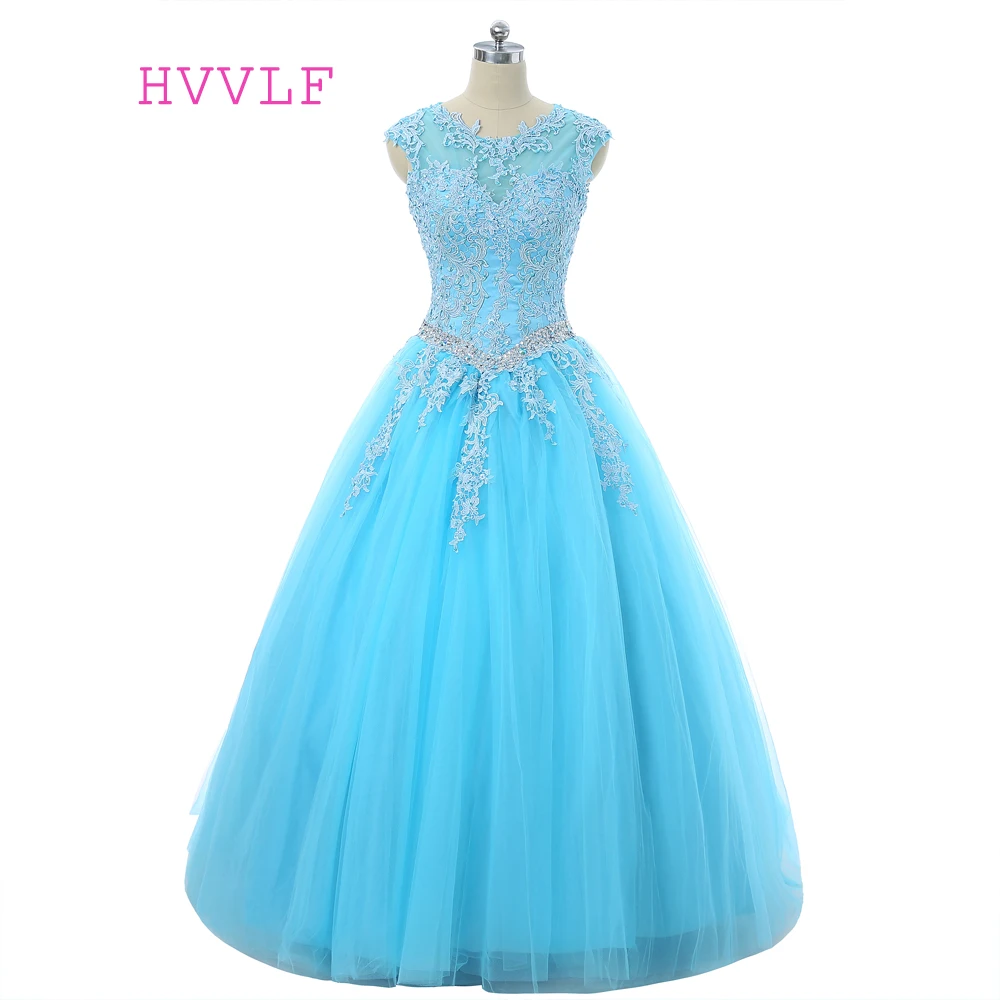 Sky Blue Quinceanera Dresses Ball Gown Cap Sleeves Tulle Appliques Lace Beaded Crystals Cheap Sweet 16 | Свадьбы и торжества