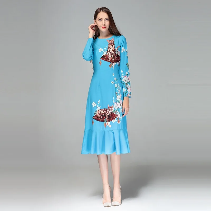 2018 сезон: весна лето с принтом кота синий элегантный трубы платье XL Haute Couture