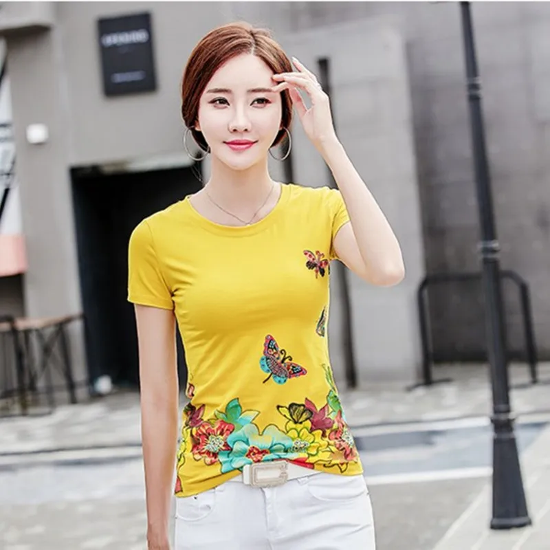 Summer Plus Size Tees Shirt Women Slim Short Sleeve O-neck Basic T-shirts Female Fashion Flower Print Diamond Casual Bts Tops | Женская