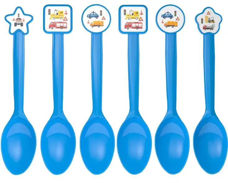 spoon 12pcs Мультфильм автомобили мальчик дети посуда для вечеринки в честь Дня Рождения тарелка скатерть чашка строительный автомобиль день рождения украшения, товары для вечеринки - Цвет: spoon 12pcs