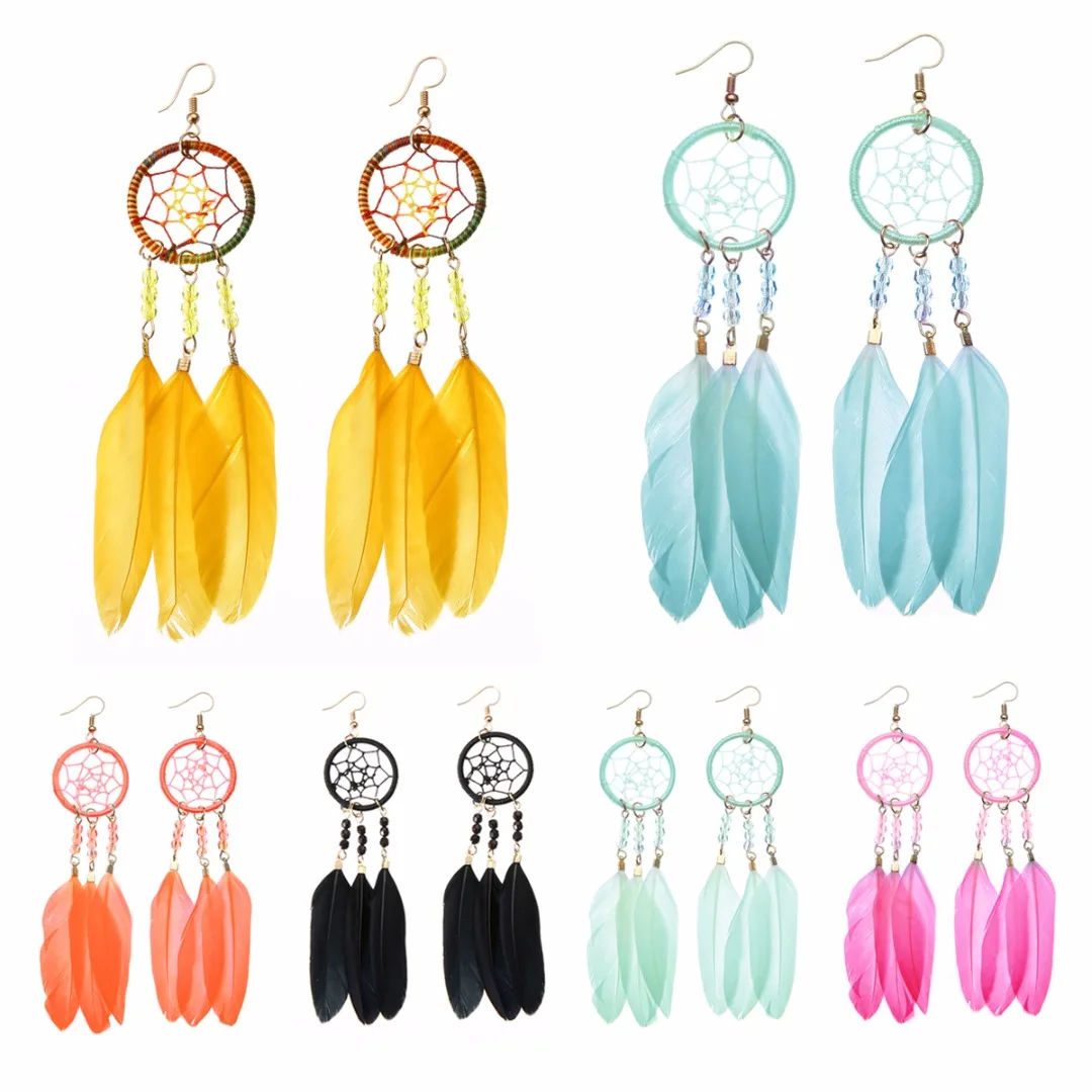 Бохо модные летние Ловец снов Цвет перо кисточкой Висячие серьги капли шикарные